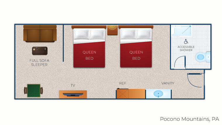 The floor plan for the Wolf Den Suite (Accessible Bathtub)